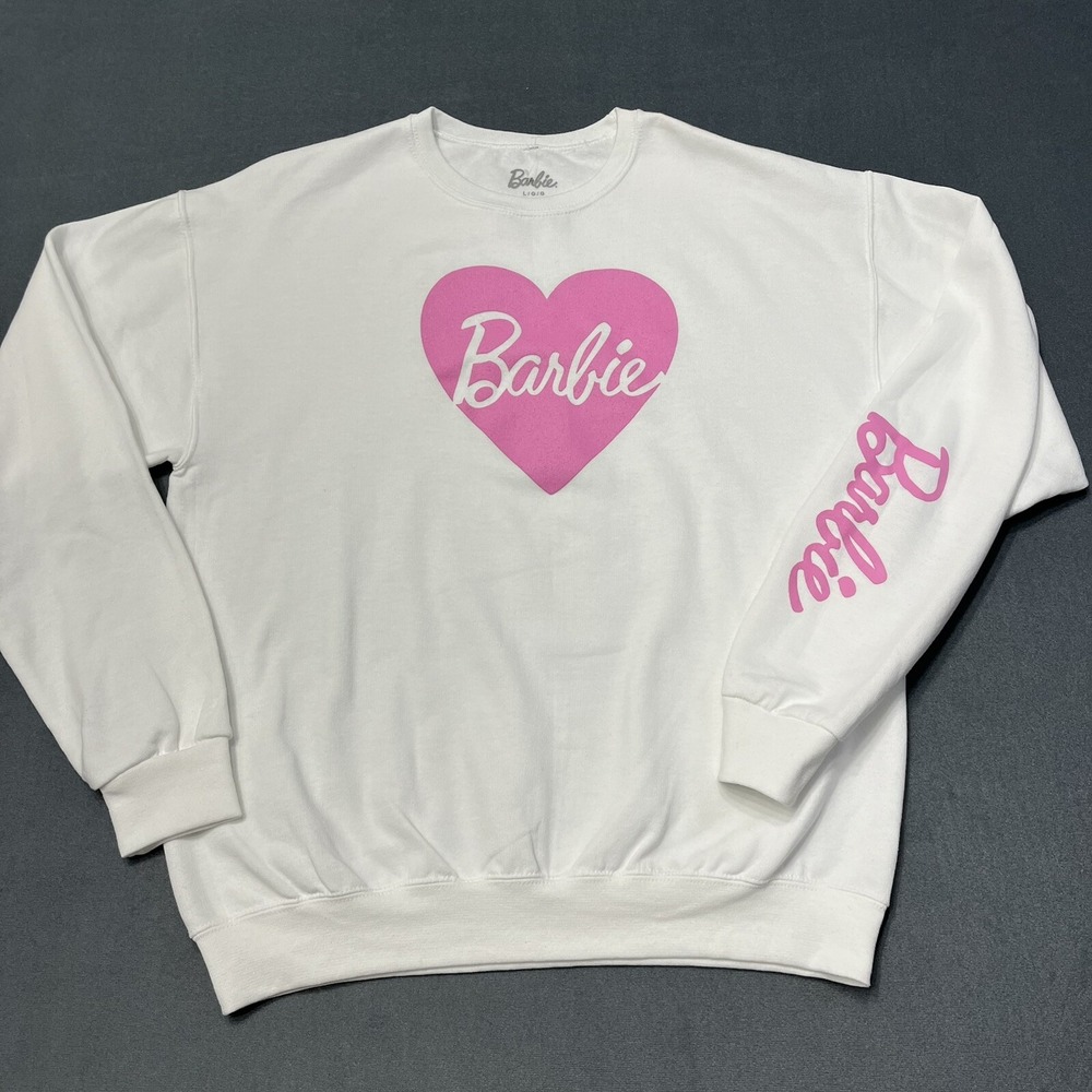 Barbie Sweatshirt Womens L White Pink Heart Logo Sleeve Graphic Pullover Y2K